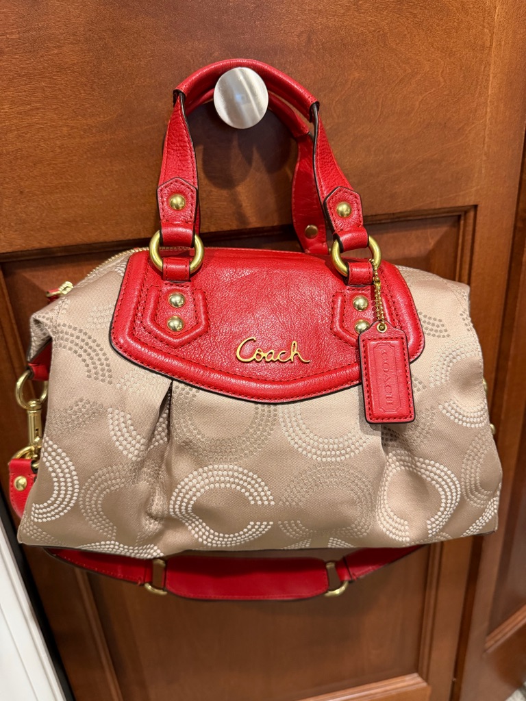 Coach Beige Canvas Satchel With Red Leather Trim